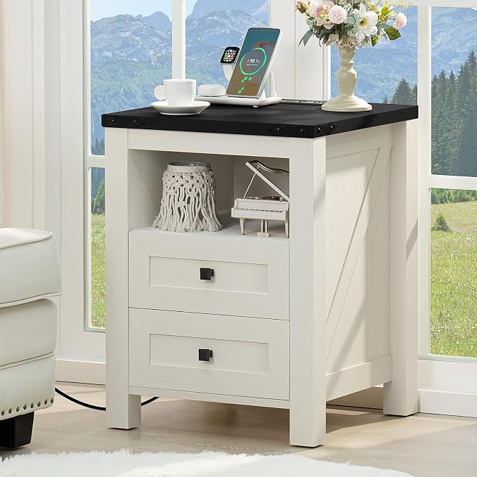 Joaxswe Nightstand with Charging Station and 2 Drawers, Farmhouse | White Night by Joaxswe