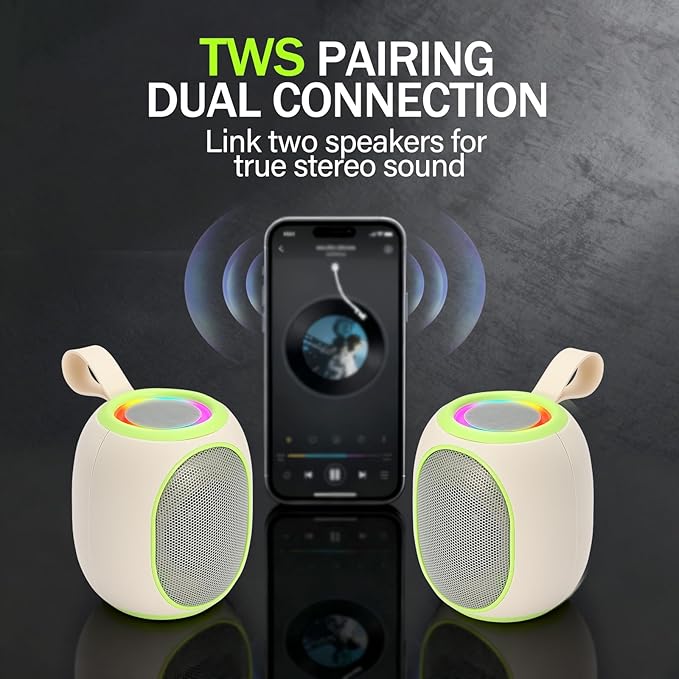 Portable Bluetooth Speaker – 8W HD audio quality, TWS stereo pairing, LED light show, compact and portable, suitable for outdoor use, can be used in cars, travel and parties, a cool teen gift(Beige)
