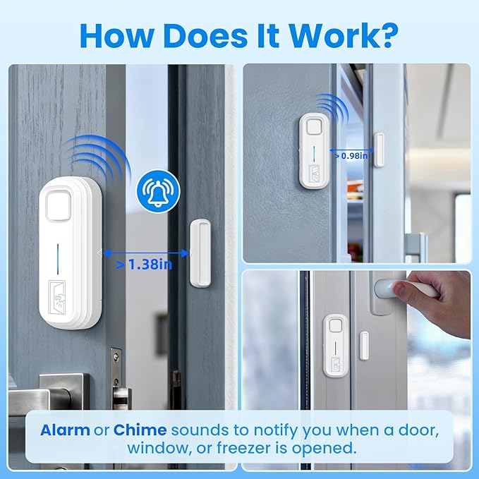 Sanjie Door Alarm with Instant and Delayed Alerts 30s/1min/2min/4min, Door Window Ajar Alarms for Kids Safety/Home Security, Volume 0-120dB, Left Open Alert for Freezer Fridge Home, 2 Sensor