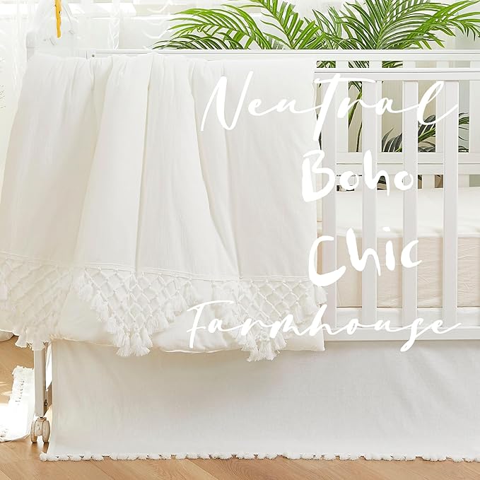 Brandream Boho Bohemian Girl Boy Baby Nursery Crib Bed Skirt Dust Ruffle - Neutral Solid Color Cream Off White Farmhouse Chic 100% Washed Cotton Minimalist Tassel Fringe Macrame