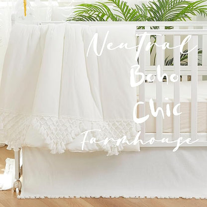 Brandream Boho Bohemian Girl Boy Baby Nursery Crib Bed Skirt Dust Ruffle - Neutral Solid Color Cream Off White Farmhouse Chic 100% Washed Cotton Minimalist Tassel Fringe Macrame