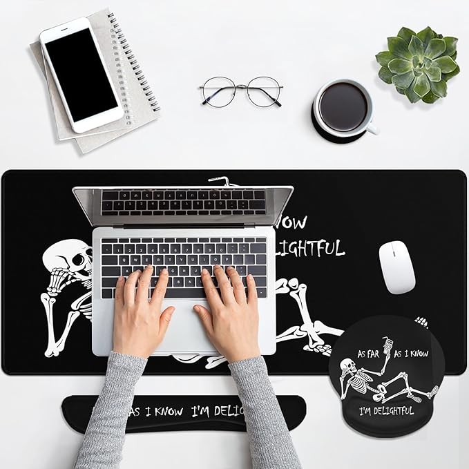 Britimes Black Skull Skeleton Keyboard Mouse Pad Set 4in1 Large Mousepad+Keyboard Wrist Rest+Mouse Wrist Rest+Coaster Set with Ergonomic Design for Home Office Computer 35.4x15.7 inches