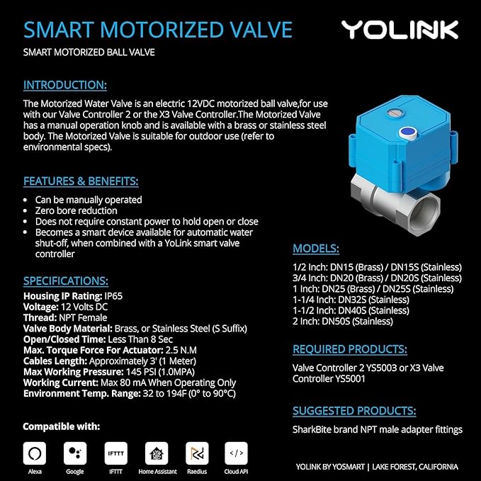 NSF Certified Pulse Meter + Shutoff Valve Kit, 2", FlowSmart Controller YS5006 Reads Meter Pulses, Real-Time Usage & Leak Detection, Auto Shutoff (D2D Offline), LoRa Long Range, Hub Included