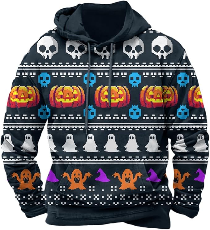 Halloween Hoodie Men Graphic Pumpkin Ghost Printed Sweatshirt Casual Trendy Long Sleeve Halloween Hooded Tops with Pockets