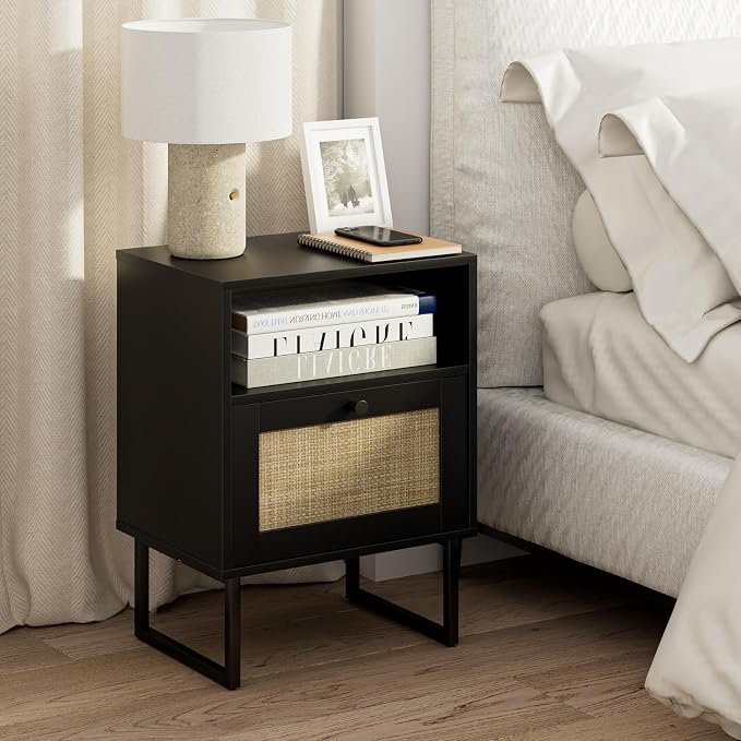 Masupu Rattan Nightstand, Modern Boho Farmhouse Wood Bedside Table by Masupu