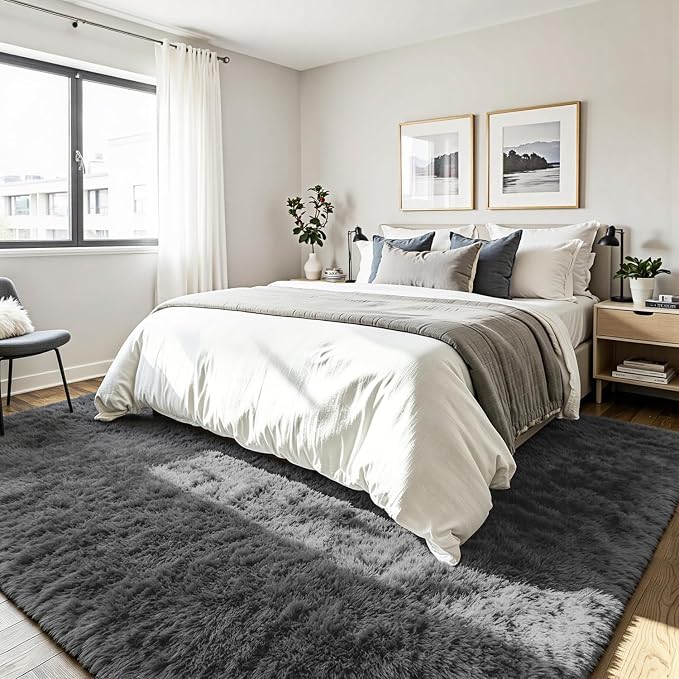 4x6 Fluffy Area Rug for Living Room: Soft Non-Slip Grey Shag Bedroom Carpet | - Image 3