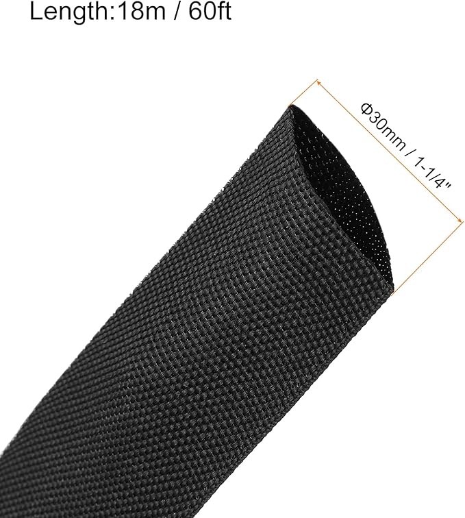 MECCANIXITY Braided Cable Sleeves Heat Shrinkable Fabric Sleeving, 1 1/4" 60ft Black 2:1 Ratio Heat Shrinkable Cord Protector for Harness Cable, Network Cable Protection, Cable Management