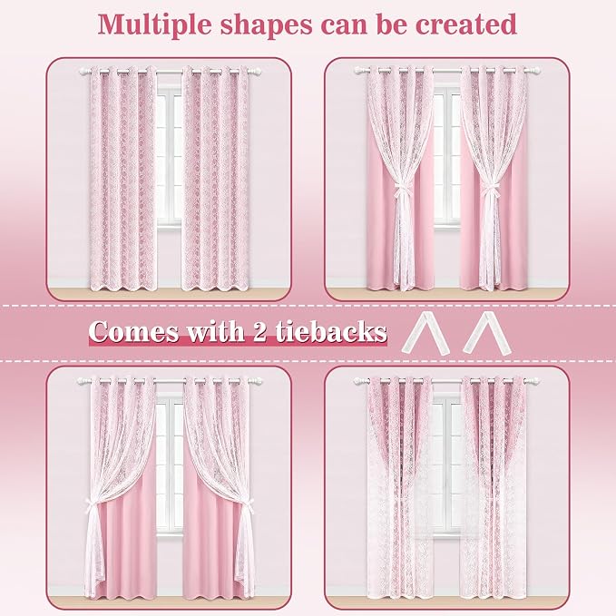 Yinhua Pink Curtains for Girls Room Double Layer Blackout Curtains for Bedroom - Image 6