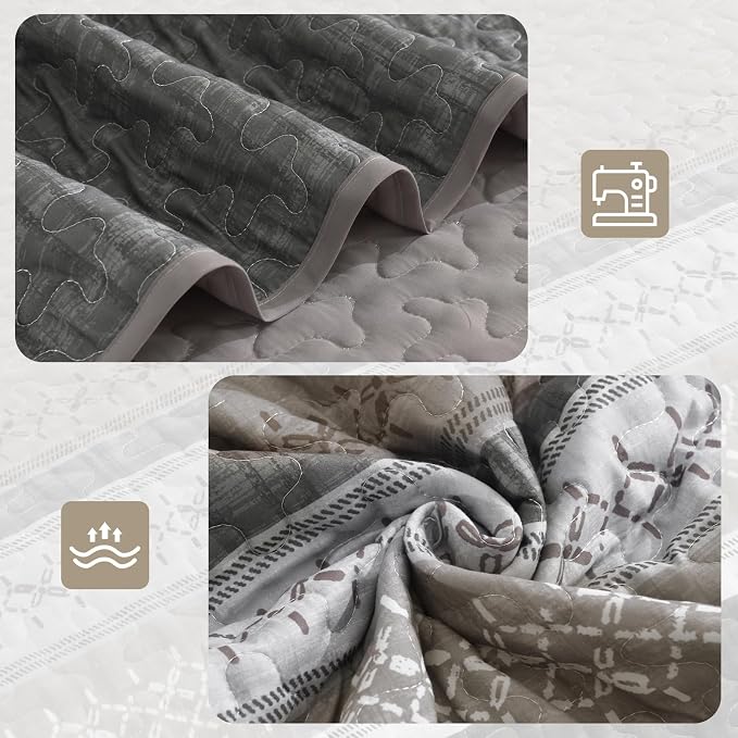 Cottolester Quilt Set Queen, Taupe Grey Striped Patchwork Bedspread | Modern - Image 4