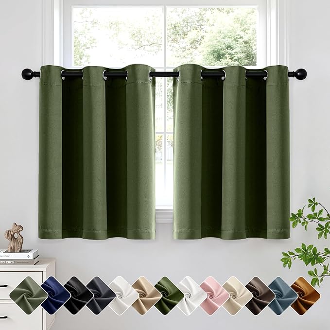 Short Olive Green Half Blackout Curtains W40 x L36 Inch 2 Panels | Thermal by Woaboy