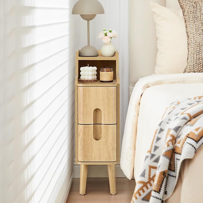 Narrow End Table Living Room, Wooden Small 2 Drawer Nightstand Bedroom by FurSchFurniture