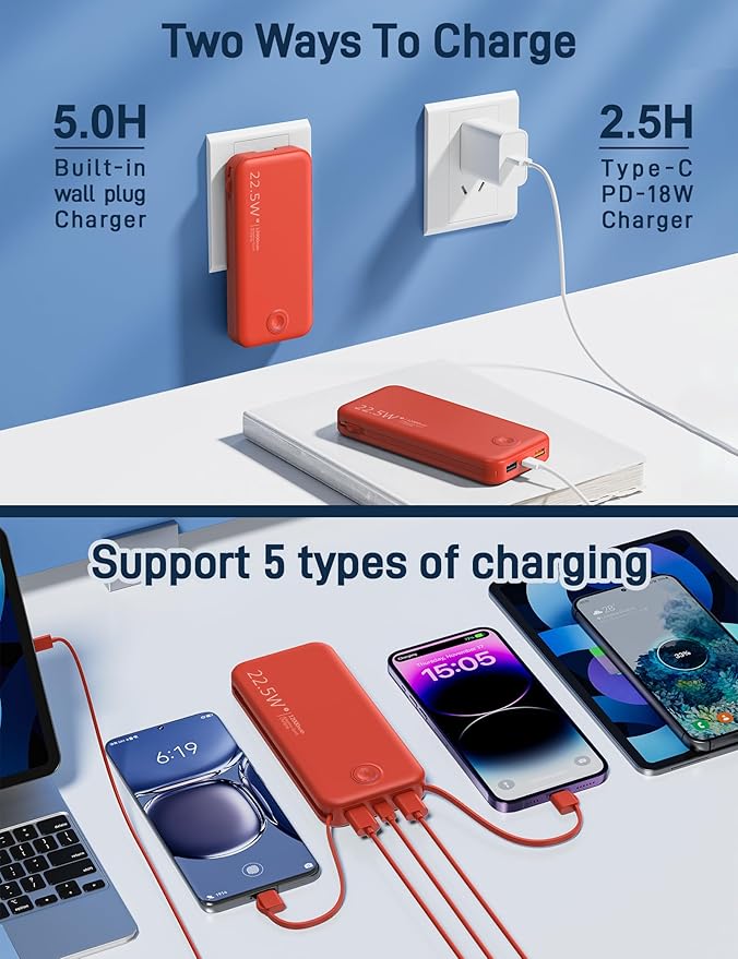 Nusyddy Portable Charger, 12000mAh 22.5W Fast Charging Power Bank with Built-in Cables & Wall Plug, Travel Essentials External Battery Pack, USB C Battery Phone Charger for iPhone, iPad, Samsung Red