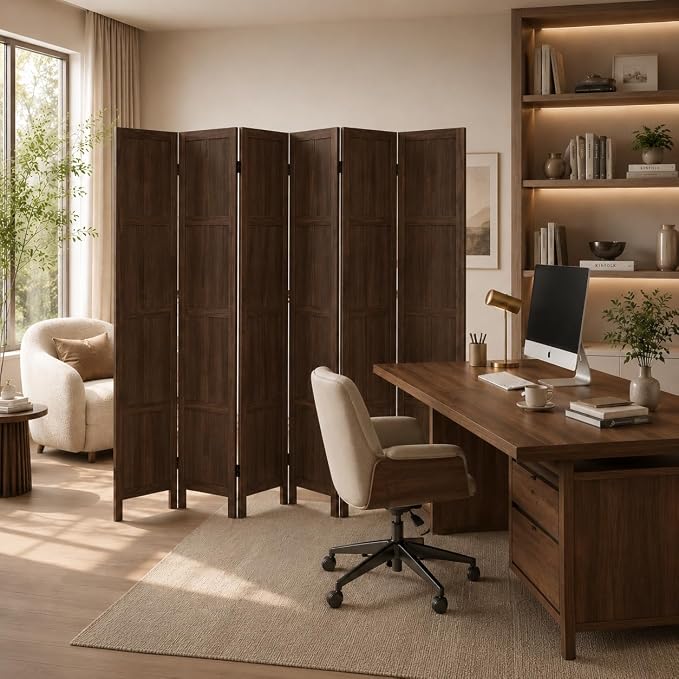 6 Panel Solid Wood Room Divider Folding Privacy Screen Brown | Freestanding - Image 9