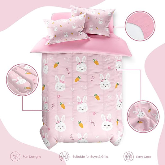 SANDJEST Rabbit Comforter Set Twin Size 68x86in for Kids Girls, Microfiber 3 Pcs Bedding Set Includes 1 Comforter, 1 Pillowcase, 1 Fitted Sheet, Nursery Room Decor