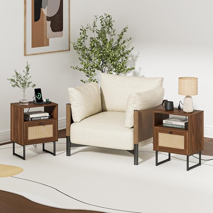 Masupu Rattan Nightstand with Charging Station, Modern Boho Farmhouse Wood - Image 8