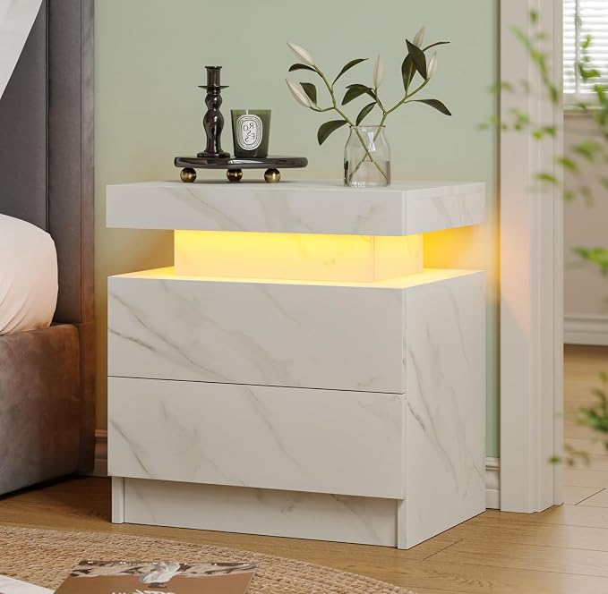Modern White LED Nightstand for Bedroom Bedside Table by Unknown