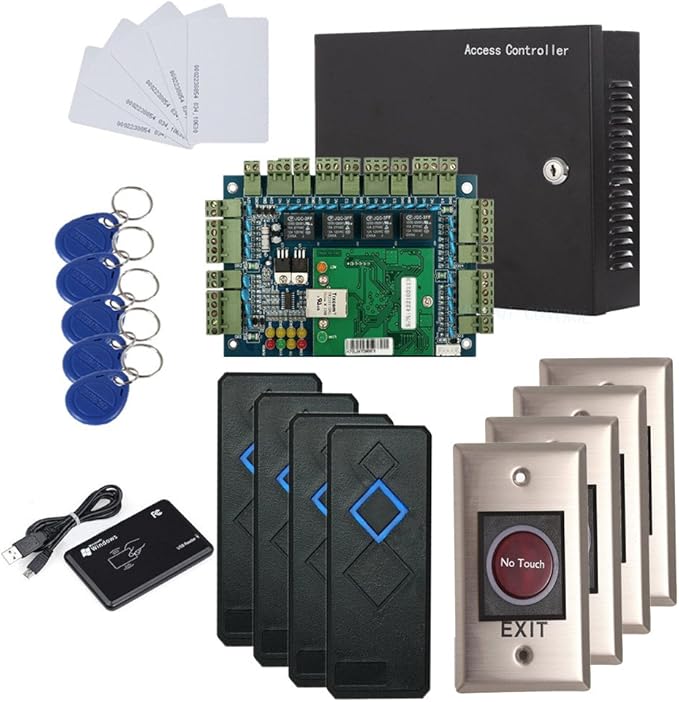 MENGQI-CONTROL 4 Doors IP Based Security Access Control Kit with Metal Case 110V Power Box RFID Reader+Infrared Exit Button+Desktop Enroll Reader+RFID Keychains/Cards APP remotely Open Door