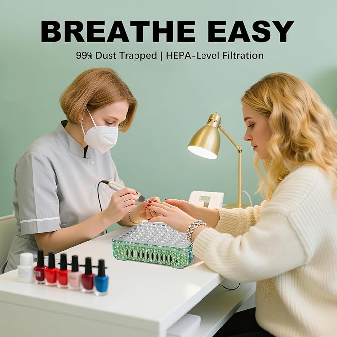 Nail Dust Collector | 1000PA Gel Nail Dust Collector | 10 Speed Levels | Low Noise & Strong Suction | Reusable Filter, 10 Pads + Nail Dust Brush | for Acrylic Nails, Salon & Home - Dark Green Diamond