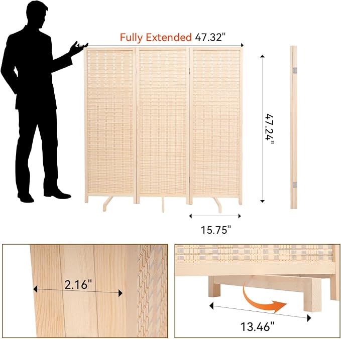 Bamboo Room Divider 3 Panel 47" H, 360°Rotating Feet Privacy Screen, Portable - Image 2