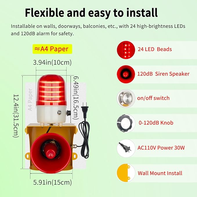 kbaoele AC110V Industrial Siren Alarm Strobe Light-120dB Loud Horn&Waterproof Red Beacon Warning Light for Emergency,Factory,Fires,Tornado,Intruder Deterrent (with Switch&Volume – Adjustable 0–120dB)