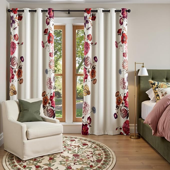 jinchan Beige Floral Blackout Curtains 84 Inch Vintage Grommet 2 Panels | Room - Image 2