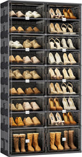 JEKO&JEKO 9-Tier Foldable Shoe Storage Cabinet with Magnetic Doors, Large Stackable Shoe Organizer Cabinet for Entryway, Clear Front Door Shoe Boxes Hold Up to 36 Pairs (Black)