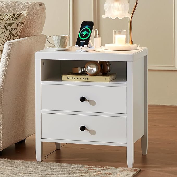 Huuger Nightstand with Charging Station, Bedside Table with Storage, Modern - Image 4