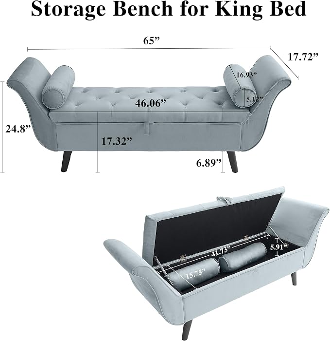 65" Velvet End of Bed Bench, Upholstered Seat - Image 2