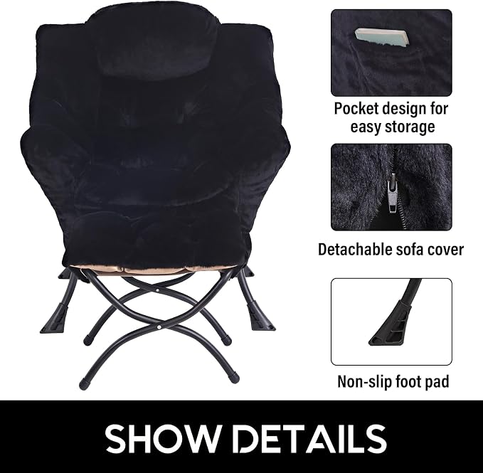 Lazy Chair with Ottoman, Comfy Accent Reading Chair, Plush Black | Foldable - Image 5