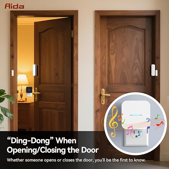 AIDA Door Alarms When Opened Wireless Ring Chime Sensor Alarm for Business/Home/Kids - 600ft Range, 58 Ringtones, 5 Volume Levels, Open Alert, Easy Install (1 Receiver + 3 Sensor)