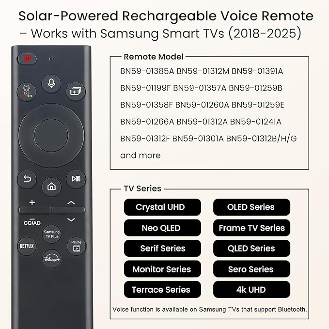 Replacement for Samsung TV Remote Solar Charger, Rechargeable Battery Solarcell Remote for Smart TV, Compatible with BN59-01385A BN59-01432A with Voice, for Neo, Sero, QLED, OLED, Frame, UHD Smart TV