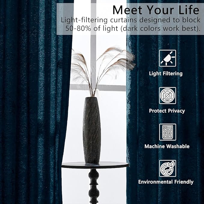 SMILETIME Tranquil Blue Crushed Velvet Curtains 52x90 inch Luxurious Thermal Insulated Soundproof Drapes for Living Room Bedroom Office Soft and Durable Light-Filtering Window Treatments, 2 Panels