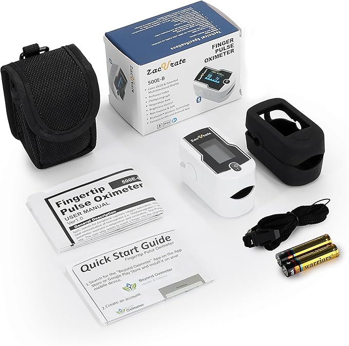 Zacurate 500E-B Wireless Bluetooth Fingertip Blood Pulse Oximeter Monitor with FREE App, SpO2, Heart Rate, Plethysmograph, and Perfusion Index Finger Oxygen Sensor Meter