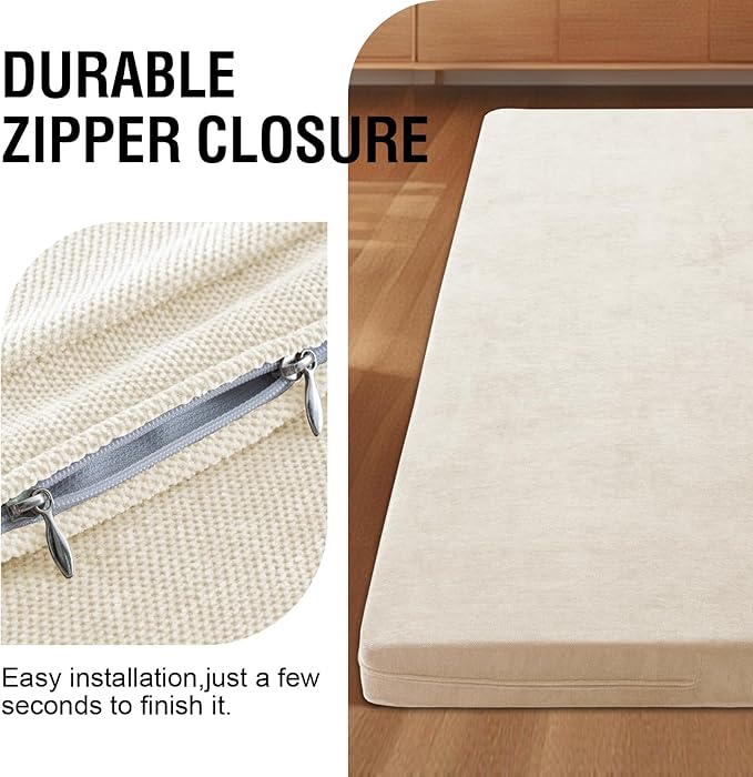 H.VERSAILTEX Queen Size Armless Futon Mattress Covers for Traditional Japanese Futon Mattress Soft Chenille Couch Slipcovers Floor Mats Sofa Protector Zippered Sleeper Sofa Cover,Beige