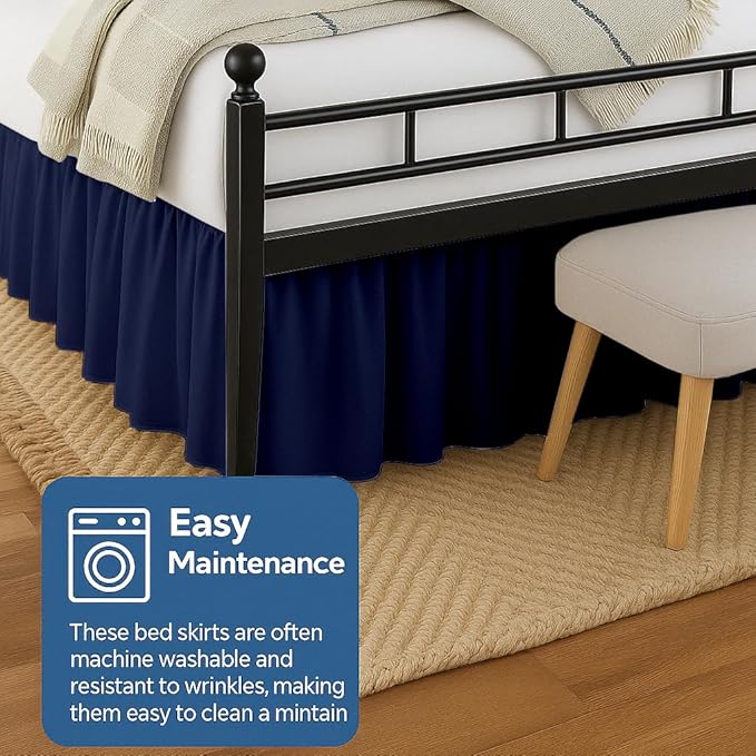 Ruffled Bed Skirt Split Corners with Platform, Tailored Fit Hotel Quality Wrinkle Free Ultra-Soft Microfiber Dust Ruffle, Upto 10 Inch Drop, Queen, Navy Blue