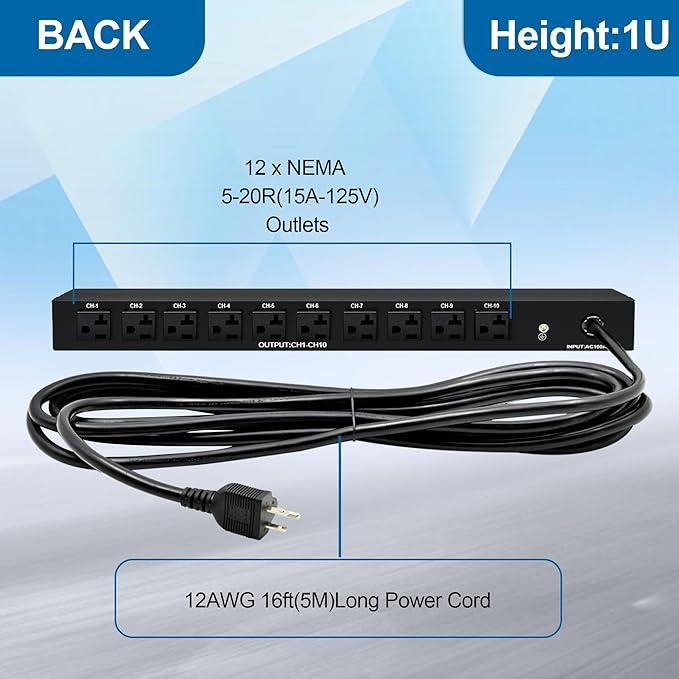 ThePoEstore 1U PDU Network Servers Surge Protector Power Distribution Unit 12-Outlet, 120V 20A, 3600 Joules 10KA,19″ Rack Mount Power Strip,Heavy-Duty 12AWG 16 ft Cord,w/AC Filter