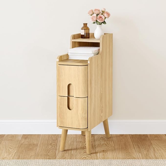 FurSch Narrow Nightstand, Wooden 2 Drawer, Skinny Bedside Table, Mid Century - Image 3