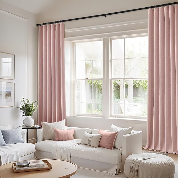 MIULEE 100% Blackout Back Tab Pleat Linen Curtains 50" Wx96 L, Light Pink | 2 - Image 2