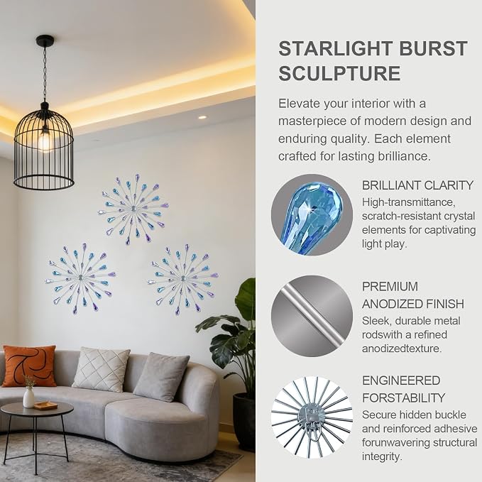 ZEXUIRU 3 Set Silver Starburst Wall Art - Image 4
