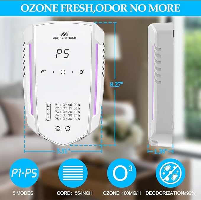 Morrerfresh Ozone Odor Eliminator for Strong Odor 99% Cat Litter Deodorizer Dog Poof Odor Removal Air Ionizers for Home Portable Air Purifier for Pets Toilet Wardrobe Shoe Garage Room Cabinet White