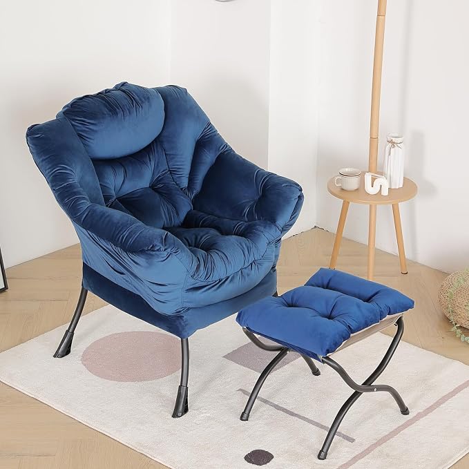 Lazy Chair with Ottoman, Comfy Accent Reading Chair, Velvet RoyalBlue | - Image 8