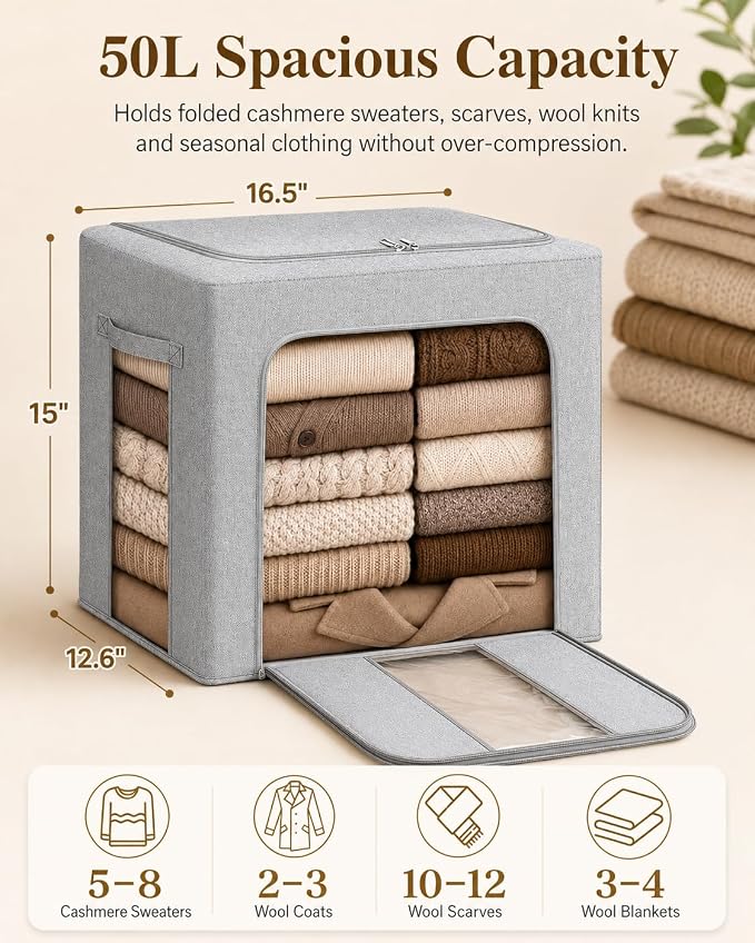 punemi 50L Cashmere Sweater Storage Bags, 2 Pack, Steel Frame, Stackable Design - Image 2