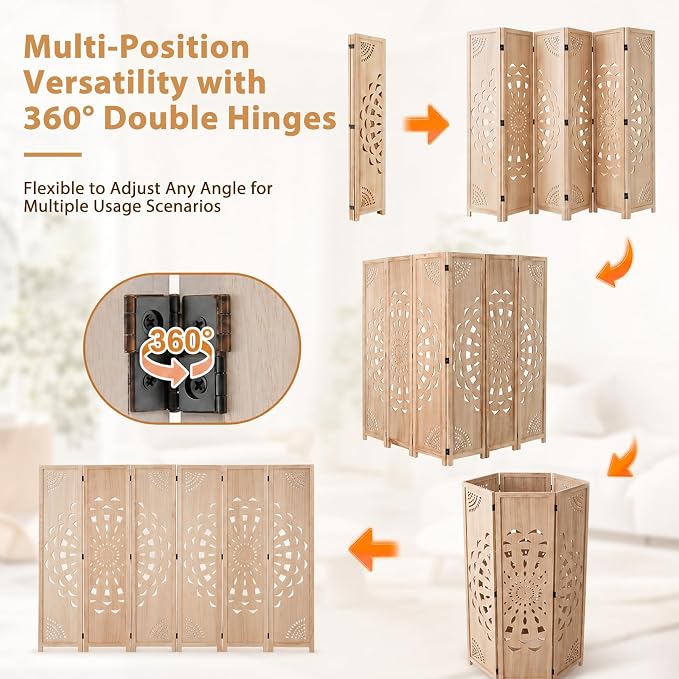 6 Panel Room dividers, 66.9" Boho Double-Sided Carved Screen, Natural | - Image 5
