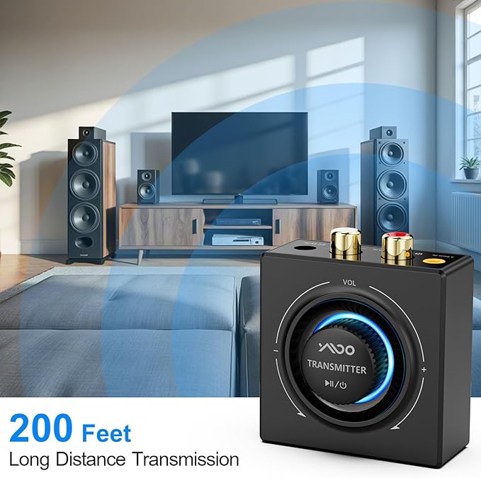 YMOO 2.4GHz Wireless Audio Transmitter and Receiver for TV, 25ms Low Latency, 200Ft Long Range, Wireless Audio Adapter Kit with AUX RCA in/Out for Stereo/Soundbar/Speaker/Amplifier/PC