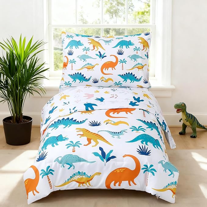 PERFEMET 4 Pieces Toddler Bedding Set Cartoon Dinosaur Print Comforter Sheet Set for Boys Microfiber Soft Toddler Comforter Set Includes Comforter, Flat Sheet, Fitted Sheet and Pillowcase, Colorful