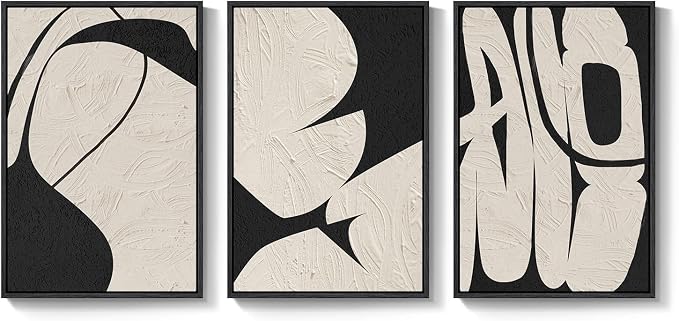 Large Framed Neutral Abstract Wall Art, 3 Piece Black and Beige, 24x36 In | - Image 9