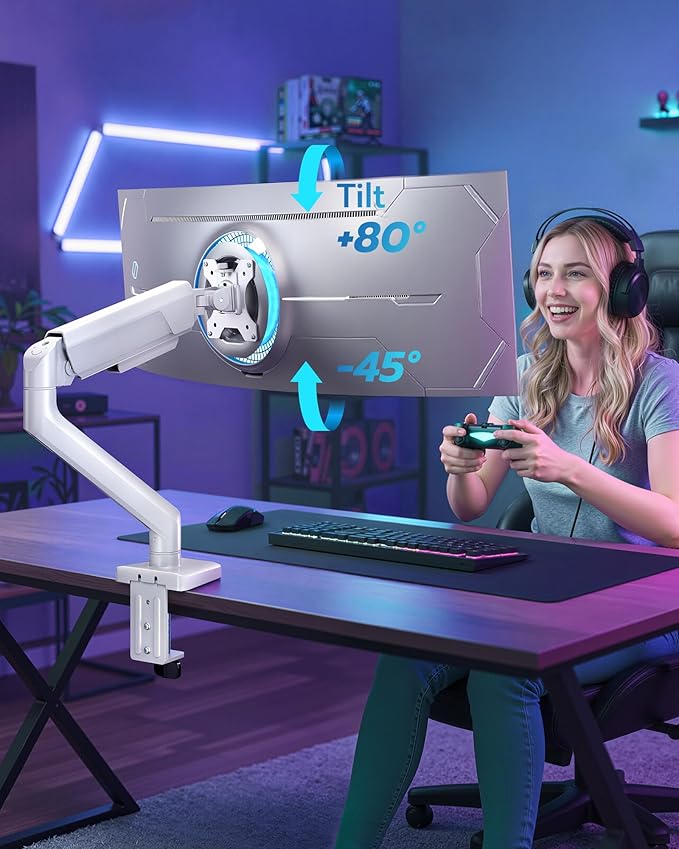 ARES WING Heavy Duty Single Monitor Arm - Fully Adjustable Monitor Mount for 17"-40" Ultrawide Screens Up to 26.4 lbs with Clamp/Grommet Desk Mount and USB A/C, 75/100 Vesa Mount, White