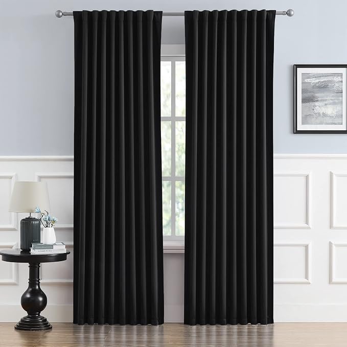 Black Blackout Curtains 84 Inch Long, 2 Panels 52W x 84L | Back Tab and Rod by DUALIFE