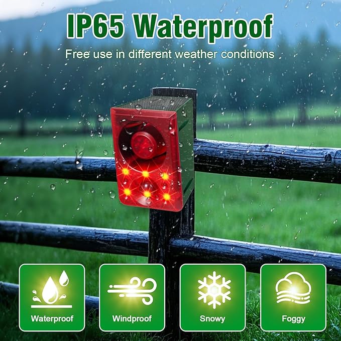 ChunHee Solar Outdoor Motion Sensor Alarm with Dog Barking Gunshot Sound, Support Recording and Adjustable Volume, 130db Loud Noise Maker 3 Work Modes Strobe Light for Home, Villa, Farm, Barn (4pack)