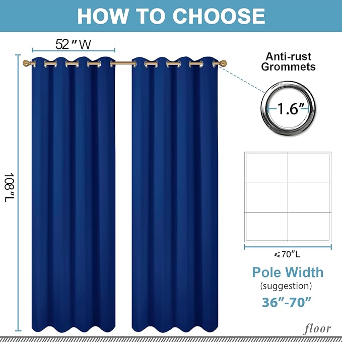 Diraysid Royal Blue Grommet Blackout Curtains - Image 3